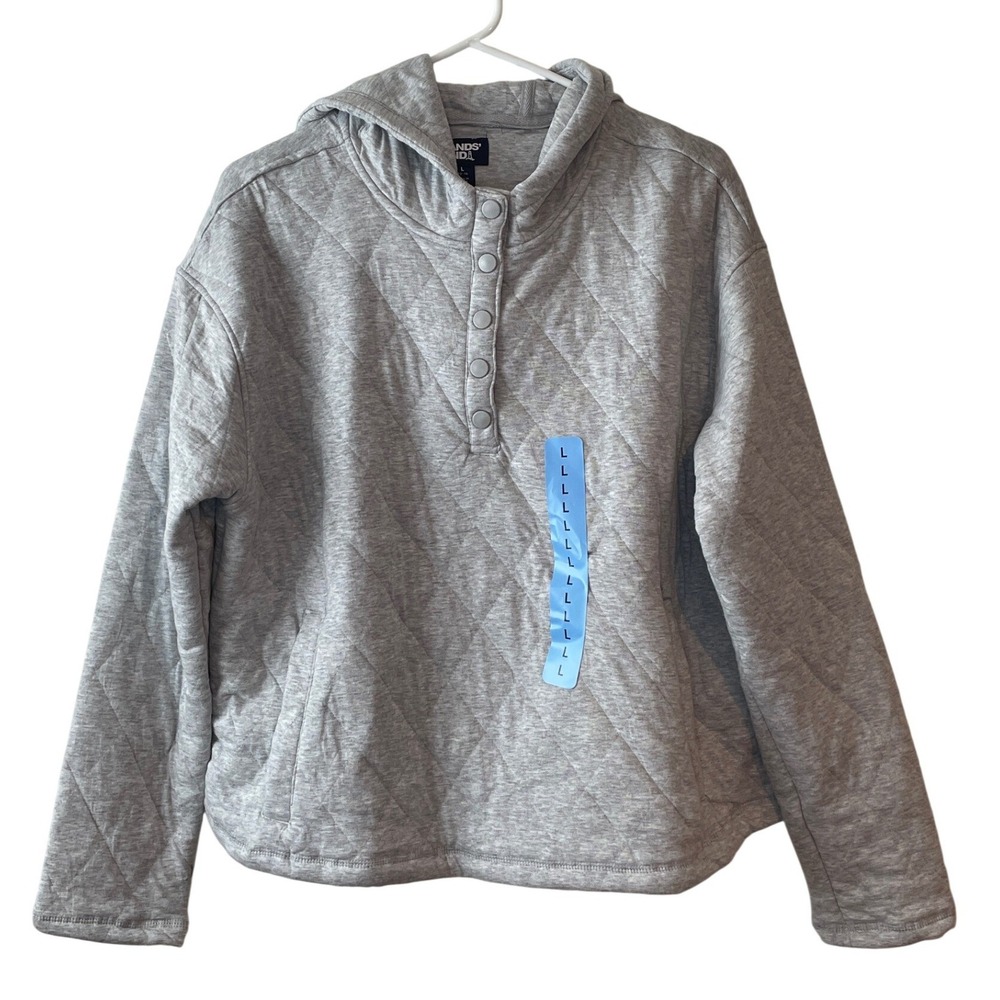 Lands' End Quilted Pullover Hoodie Women's Large Gray Snap‎ Neck Top Flaw New